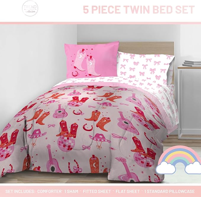 Trend Collector Cowgirl Twin Comforter Set 5 Piece Kids Bedding, Pink | Bed in a Bag, Comforter Sheets Sham Pillowcase, Soft Microfiber, Machine Washable, Easy Care, Girls Gift