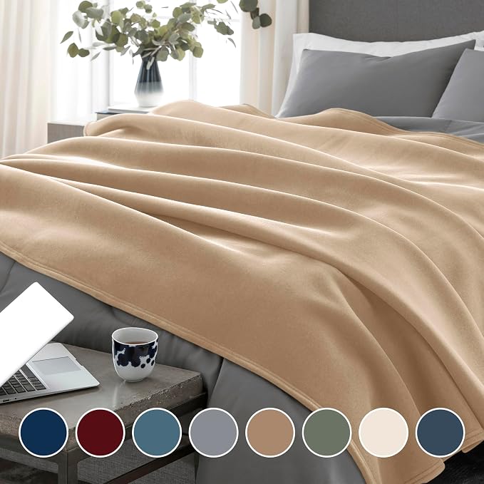 Vellux 1B07049 Original Insulating Core Hotel Style Solid Blanket Machine Washable Soft Cozy Warm Pet Friendly Bed Sofa Blankets, Twin, Beige (Pack of 2)