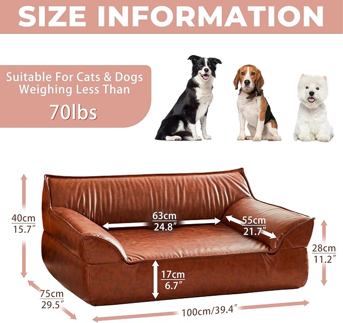 Large Leather Dog Sofa Pet Bed Couch for Large and Medium Dogs Under 70 lbs, Brown Luxurious Vintage Elevated Dog Sofa Chaise Indoor Furniture Style Pet Supplies Low Maintenance