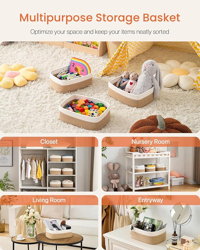 KALLAX Small Woven Storage Basket for Organizing, 13.5x9.5x5 inches, 3 Pack | Shelf baskets for closet organization, toy storage and home decor, Perfect as empty gift baskets for holidays, White & Brown