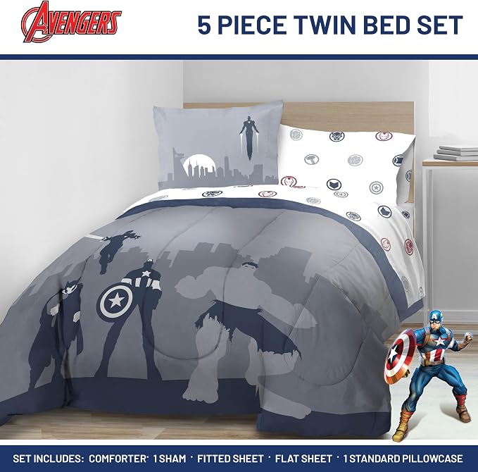 Marvel Avengers Twin Comforter Set 5 Piece Soft Bedding for Boys, Blue | Captain America Iron Man, Bed in a Bag, Comforter Sheets Sham Pillowcase, Soft Microfiber, Machine Washable, Boys Gift