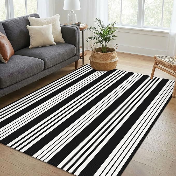 KOZYFLY 4x6 Black White Striped Rug Front Door Rug Cotton Woven Washable Indoor Outdoor Rugs Entrance Layered Doormat for Front Porch Kitchen Patio Farmhouse Carpet