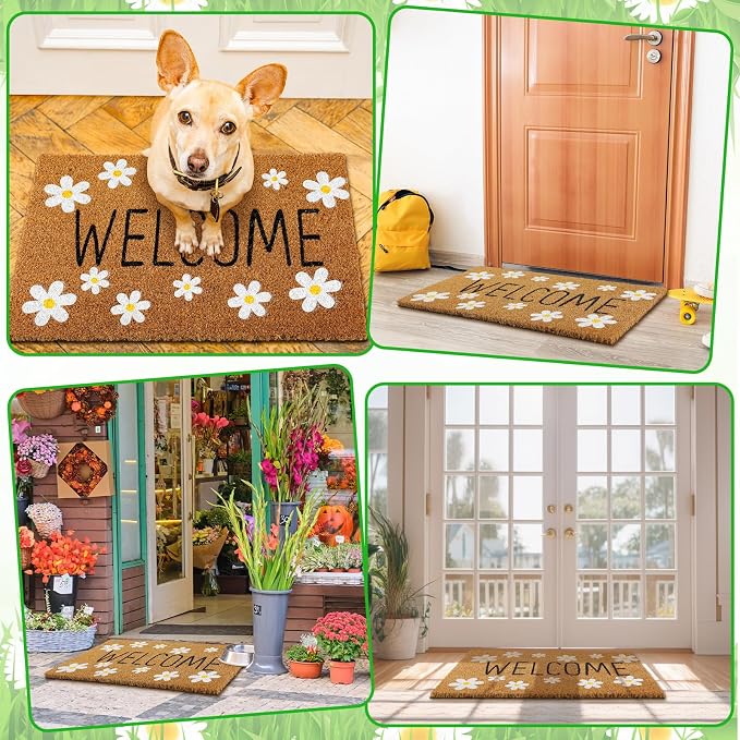 Ceenna Spring Daisy Welcome Doormat Outdoor Spring Flower Coir Door mat with Non Slip Backing White Daisy Flower Front Door Mat Front Porch Rugs for Home Entrance, 16 x 28 Inches