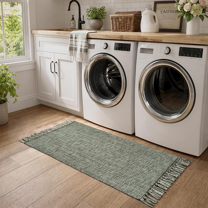 Collive Sage Green Bathroom Runner Rug, 2' x 5' Modern Farmhouse Kitchen Runner Rug Hand-Woven Entryway Rugs Runners for Hallway, Boho Washable Laundry Carpet Indoor Front Door Mat for Bedroom Decor