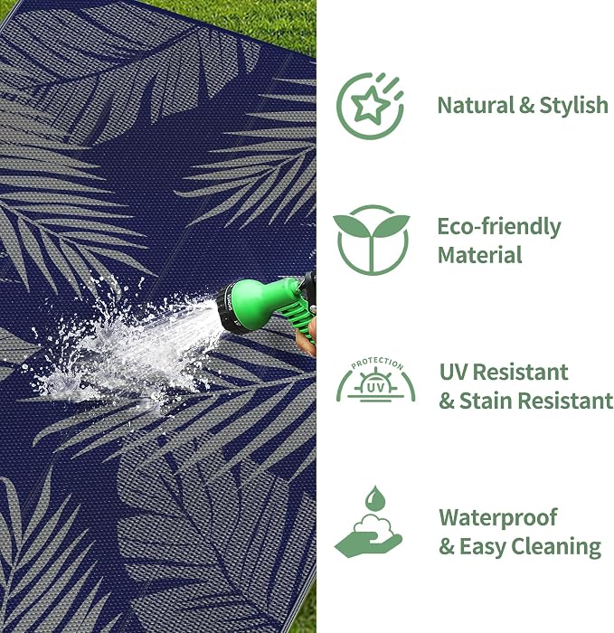 GENIMO Outdoor Rug, Waterproof Plastic Rugs for Patio, 5'x8' Blue Grey | Outside Larger Leaf Carpet Mat for Porch Decor, Deck, Balcony, Camping, RV, Backyard, Picnic, Beach, Reversible, Foldable