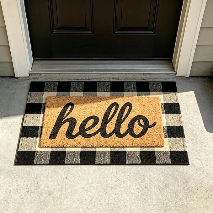 SEEKSEE Buffalo Plaid Outdoor Rug 27.5x43 Coffee and Black Front Door Mat, Layering Rug for Porch, Washable Doormat, Front Porch Rug for Outdoor Entrance Entryway Patio Porch Decor