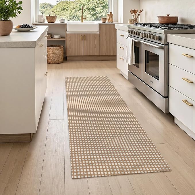 Rugalia Washable Woven Indoor Outdoor Runner Rug, 2x5 Camel Cotton Rug Runners for Hallway Non-Slip Entryway Runner Rugs, Modern Natural Plaid Long Throw Carpet for Kitchen Porch Entrance