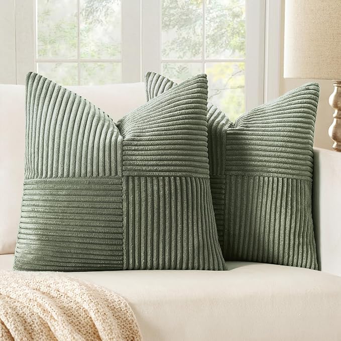 MIULEE Light Olive Green Decorative Throw Pillow Covers 18x18 Inch for Couch Bed Sofa Pack of 2 Boho Farmhouse Throw Pillows Soft Cross Corduroy Patchwork Textured Cushion Cases