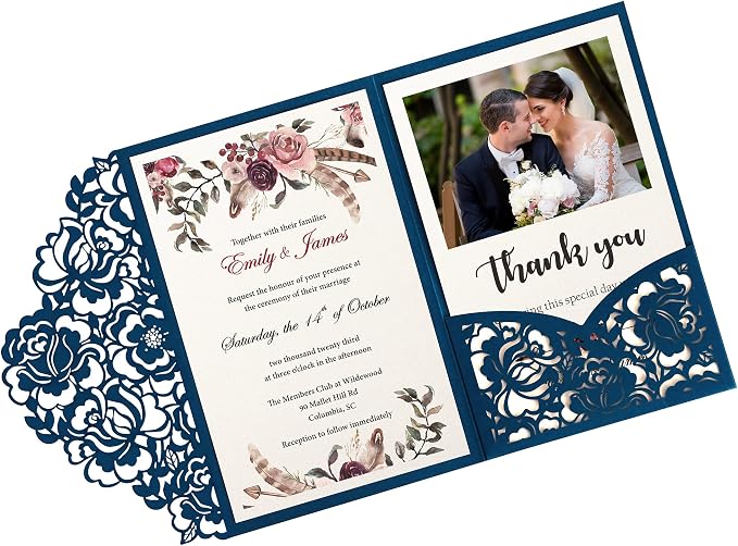 DORIS HOME 50Pcs Personalized Laser Cut Wedding Invitations, Blue | 4.7"x7.1", Customized Anniversary Invitations, With Envelopes