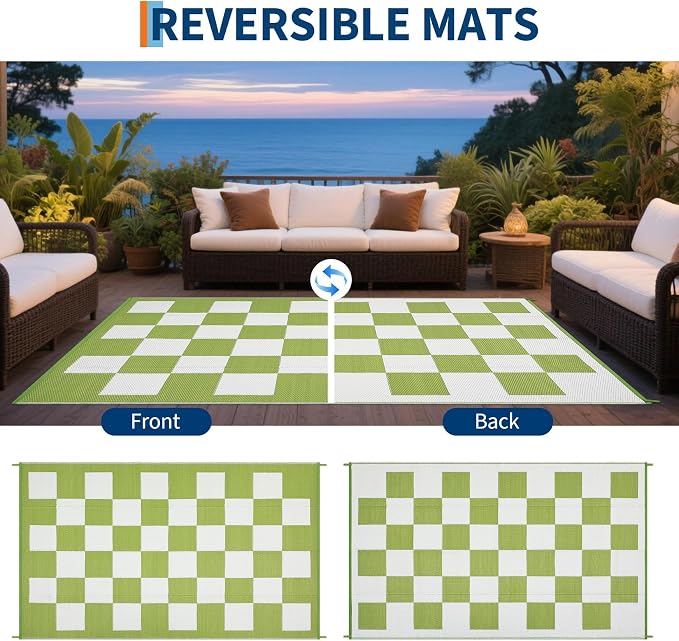 GarveeHome Outdoor Rug 8 x 10 Waterproof Checkboard Woven Carpet, Large Reversible Plastic Straw Rug, Foldable Modern Geometric Plaid Outside Camping Rug for Picnic, Backyard, Deck, Green White