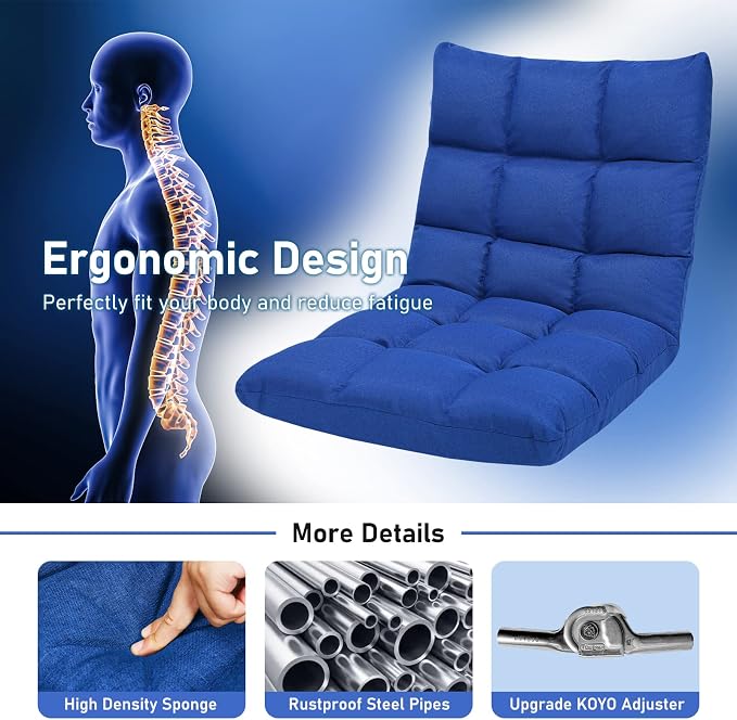 COSTWAY Floor Chair, Folding Gaming Chair with Back Support (Blue) | 14 Adjustable Positions, Alloy Steel Frame, Lazy Sofa Lounge for Playing Reading Meditating Room Recliner for Adults, Kids
