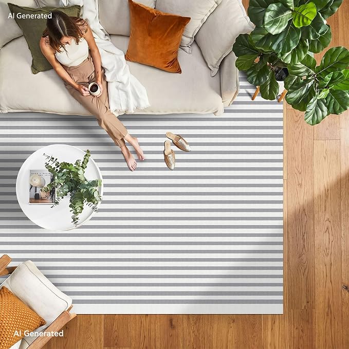 IOHOUZE Striped Area Rug 4'x6' Front Door Rugs Washable Area Rug for Double Front Porch, Large Patio Rug Outdoor Indoor, Doormat for Entryway Porch Entrance, Grey/White