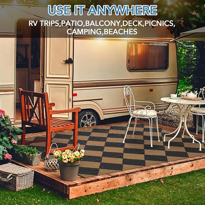 GarveeLife 9x18 Outdoor Rug for Patio Reversible, Plastic Straw Rug Waterproof Camping Rug Portable, Foldable Lightweight Mat for RV, Patio, Backyard, Deck, Picnic, Beach (Black/Brown)