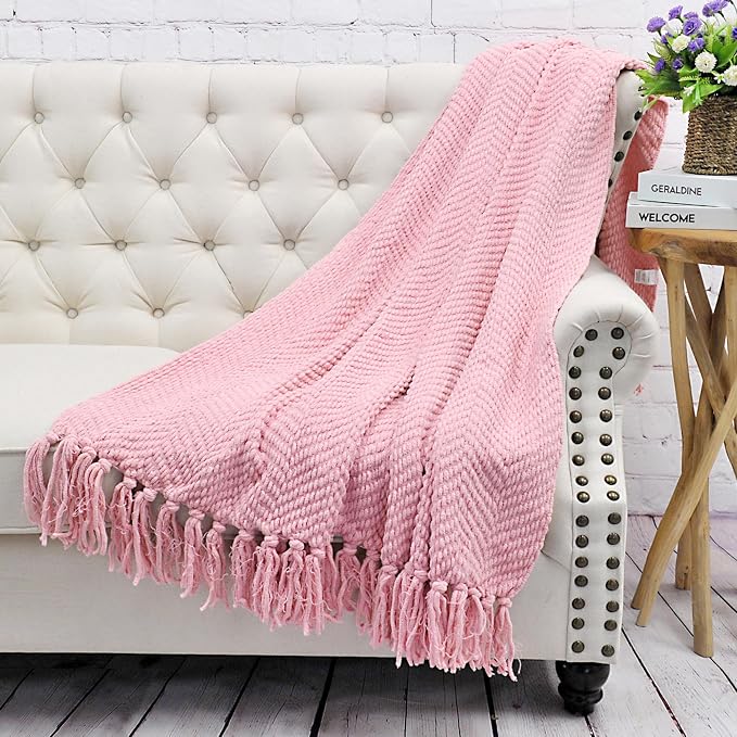 Home Soft Things Pink Throw Blanket Knitted Tweed Throw 60'' x 80'', Candy Pink, Super Soft Cozy Warm Comfortable Breathable Throw for Living Room Chair Couch Bed Sofa Bedroom Décor