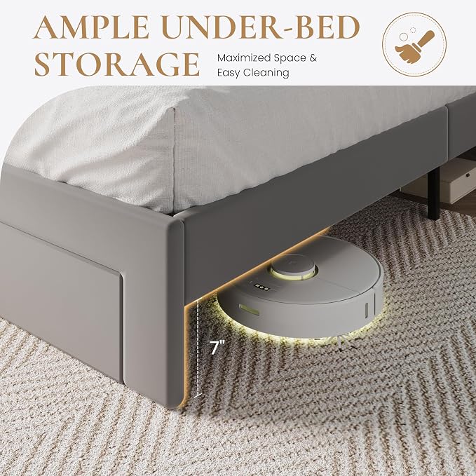 SHA CERLIN Queen Velvet Platform Bed Frame with 2 Storage Drawers, LED Storage Headboard with Charging Station, Upholstered Wingback Headboard, Noise-Free, No Box Spring Needed, Easy Assembly, Grey