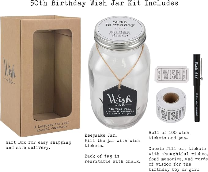 Top Shelf 50th Birthday Wish Jar With 100 Tickets, Pen, and Decorative Lid