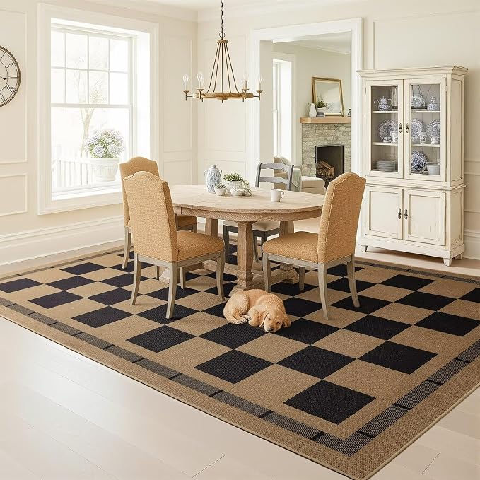 Jute Checkered Rugs, 6x9 Washable Outdoor Patio Rug, Large Living Room Rug | Bedroom Dining Room Indoor Carpet, Non Slip Modern Farmhouse Design Neutral Geometric Porch Classroom Mat, Black and Brown
