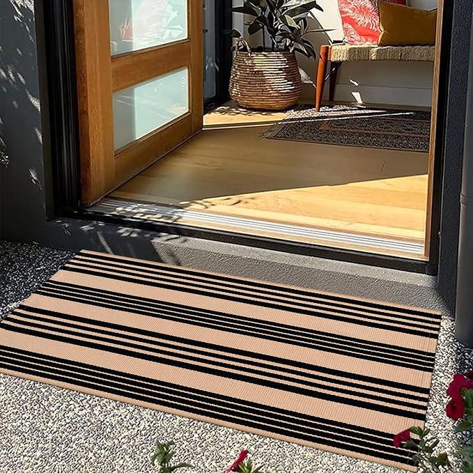 LEEVAN 2'X4.3' Black and Tan Striped Woven Cotton Reversible Outdoor Rug | Small Machine Washable Front Porch Rug, Entryway Door Mat, Indoor Layering Carpet for Farmhouse Bathroom Laundry