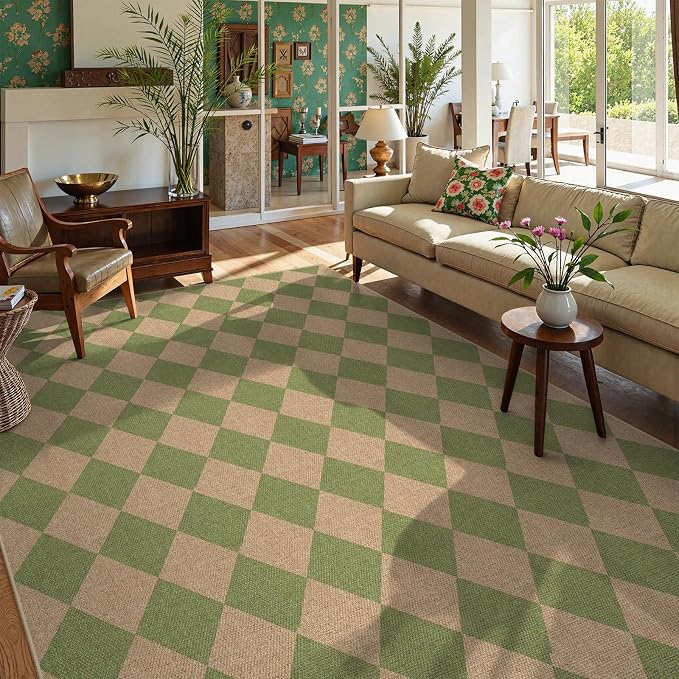 Lahome Checkered Easy Jute Living Room Rug, 8x10 Outdoor Rugs Washable | Farmhouse Natural Non Slip Green Area Rug, Non Shedding Carpet for Indoor Patio Porch Deck Sunroom Dining Room Classroom
