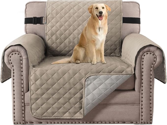 H.VERSAILTEX Reversible Quilted Chair Cover Washable Couch Covers for Dogs Water Resistant Furniture Covers with Elastic Strap Pet Chair Cover for Furniture(Armchair, Khaki/Beige)