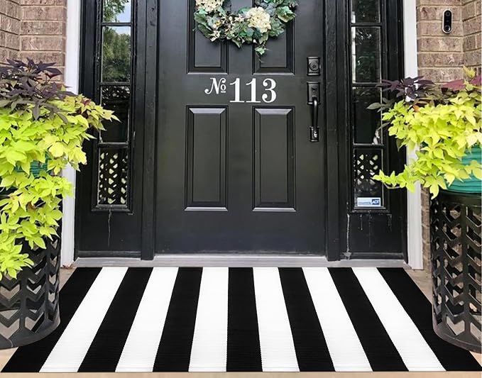 Striped Outdoor Rug 24"x51",Cotton Woven Washable Black and White Front Door Mat Farmhouse Layered Door Mats Throw Rugs for Porch/Bedroom/Home Entrance Decor