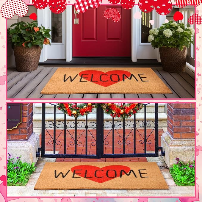 Ceenna Valentine's Day Doormat Outdoor Valentine's Heart Coir Doormat with Non-Slip Backing Red Heart Valentines Day Mat Front Porch Rug Outside Door Mat for Home Entrance Decor, 16 x 28 Inches