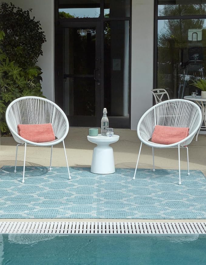 Unique Loom Outdoor Trellis Collection Area Rug (5' 1" Square, Aquamarine/ Gray)
