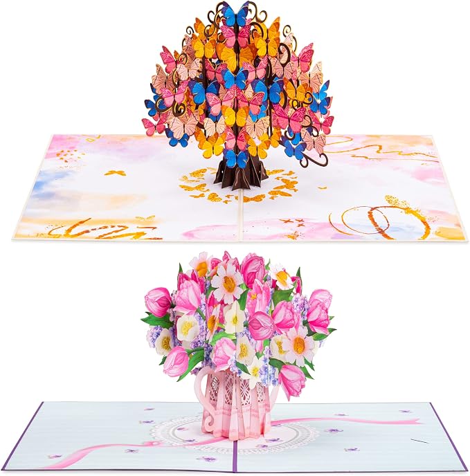 Paper Love Pop Up Cards 2 Pack - Includes 1 Butterfly Tree and 1 Flower Watering Can, For All Occasions, Mother Day, Birthday, Just Because- Includes Envelope and Note Tag