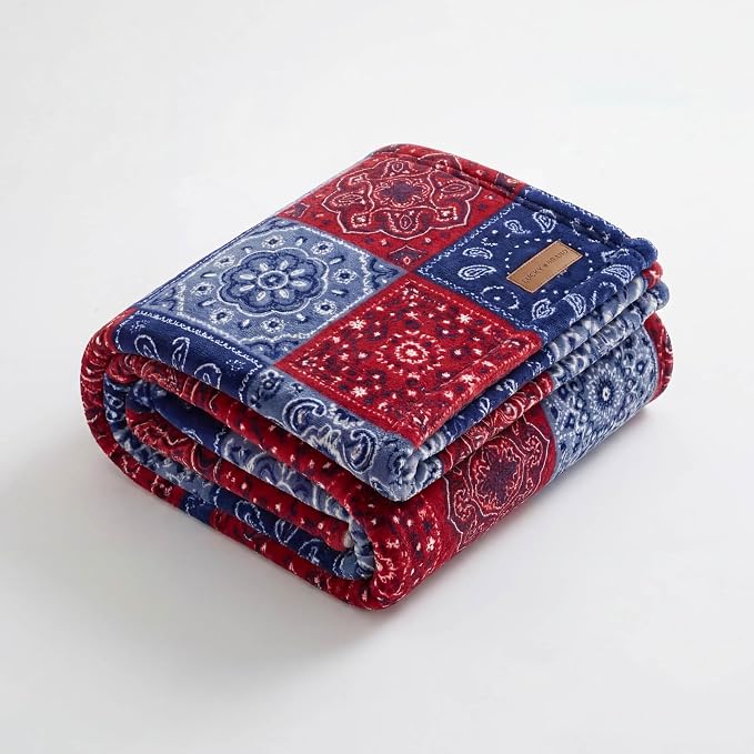 Lucky Brand 50" x 70" Plush Throw Blanket, Bandanny Blue/Red | Blanket for Sofa or Bed