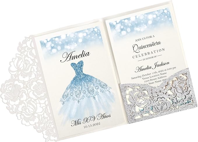 DORIS HOME 50Pcs Personalized Laser Cut Quinceanera Invitations, Silver | 4.7"x7.1", Customized Quince Invitations, For 15th Birthday, Sweet 16, With Envelopes