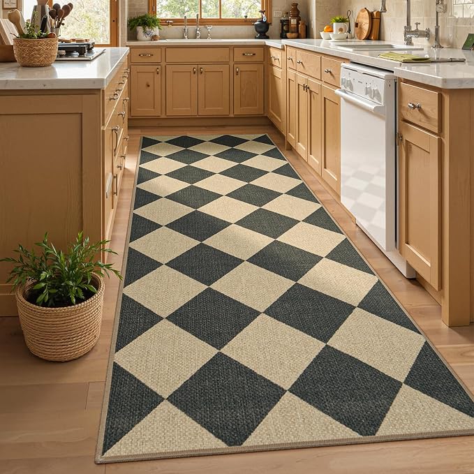 Lessymo Runner Rug 2.6x8 for Hallway, Checkered Easy Jute Washable Carpets | Reinforced Non Slip for Entryway Kitchen Bedside, Farmhouse Indoor Outdoor Carpets for Patio Porch, Diamond Black/Beige