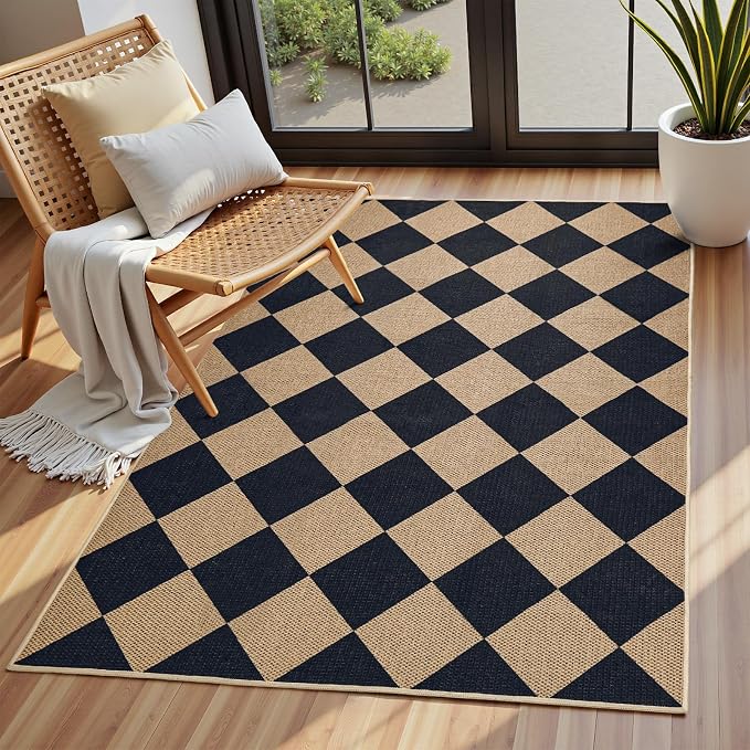 EDIMENS 3x5 Outdoor Rugs Easy Jute Checkered Front Door Mat Entryway Rug | Black Washable Non Slip Indoor Outdoor Rug Farmhouse Neutral Living Room Carpet for Backyard Porch Balcony Patio
