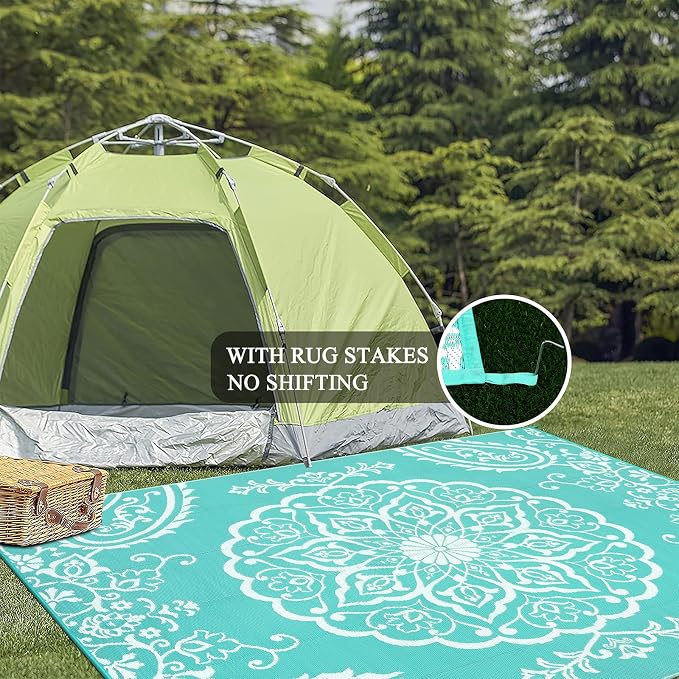 Pauwer Outdoor Rug 8x10, Waterproof Plastic Camping Rug, Boho Light Blue | Reversible Patio Rug, UV Resistant Indoor Outdoor RV Mat Carpet For Deck, Camper, Porch, Balcony, Backyard, Picnic, Foldable