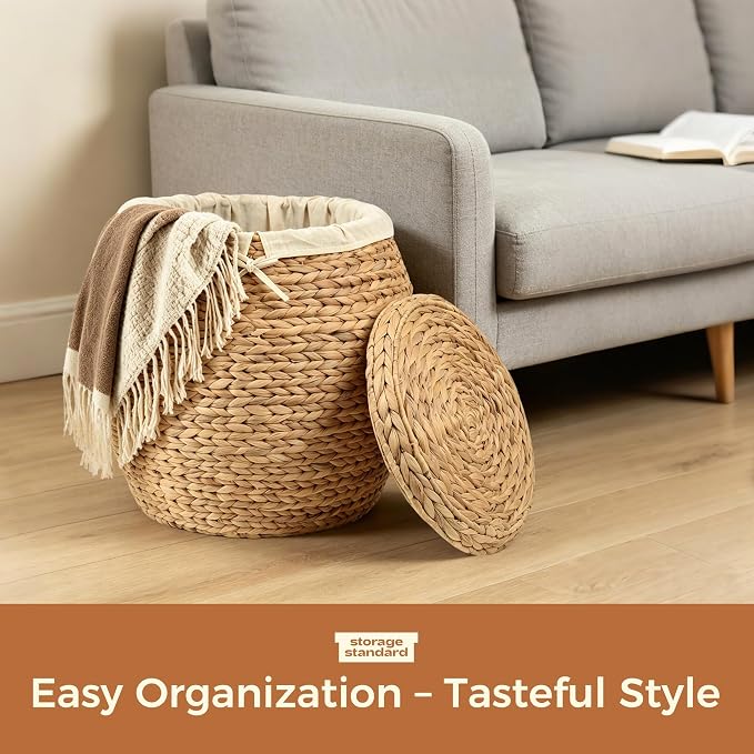 Storage Standard Wicker Basket with Lid Decorative Storage - Large Blanket Basket for Living Room, Plants, Organization, Handwoven Water Hyacinth Material w/Removable Cotton Liner & Tall Round Design