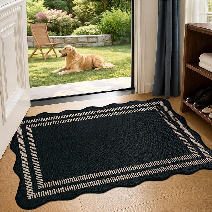 EDIMENS Easy Jute Rug Entryway Rug, 2x3 Front Door Mat Small Entryway Non-Slip Washable Area Rug, Low Pile Black Indoor Outdoor Farmhouse Scalloped Doormat for Entrance Entry Porch Doorway