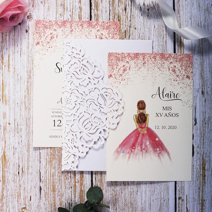 50PCS White Customized Quinceanera Invitation Cards with Envelopes 5x7.3 Inch Laser Cut Hollow Rose Pocket with Ribbon invitations for Quincenera Birthday Invite
