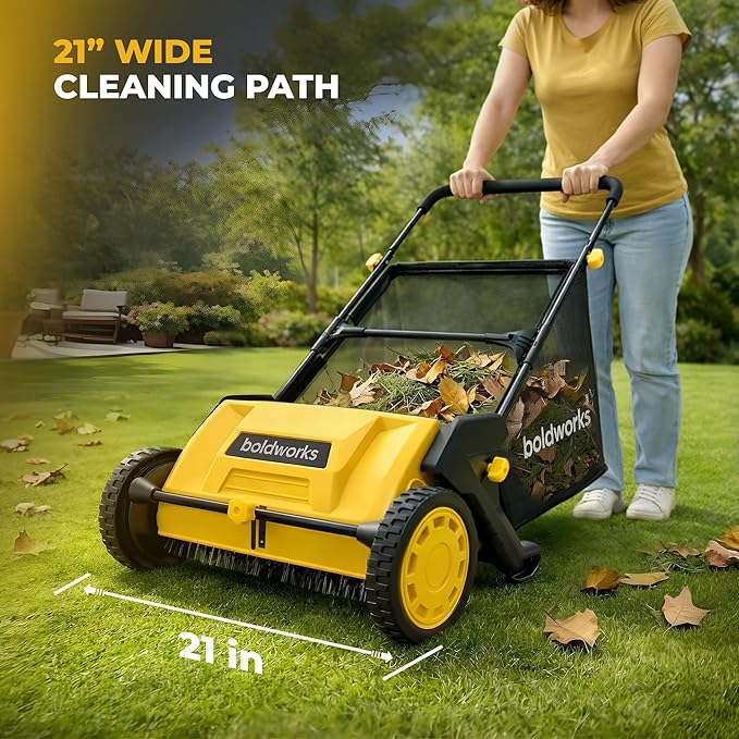 Push Lawn Sweeper Yard Leaf Collector 21" Leaves Picker for Grass Cleanup | Large 103L Hopper Bag Adjustable Sweeping Height Easy Storage Design Picksup Leaves Grass Clippings and Small Twigs