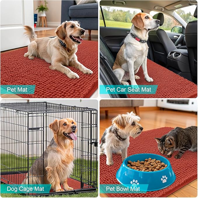 OLANLY Dog Door Mat for Muddy Paws 48x30, Absorbs Moisture and Dirt, Absorbent Non-Slip Washable Doormat, Quick Dry Chenille Mud Mat for Dogs, Entry Indoor Entryway Carpet for Inside Floor, Maple Red