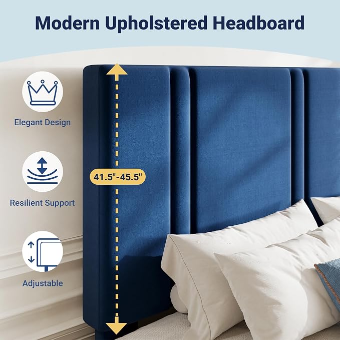 Allewie King Size Platform Bed Frame with Adjustable Headboard | Plush Velvet Upholstered, Vertical Channel Tufted, Sturdy Wood Slats, No Box Spring Needed, Easy Assembly, Blue