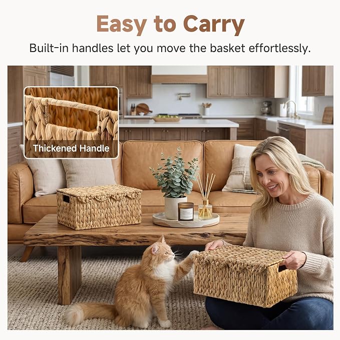 StorageWorks Wicker Basket with Scalloped Edge Lid, Water Hyacinth Basket with Built-in Handles, Handwoven Wicker Box for Living Room, 15" L x 11 ¼" W x 7" H