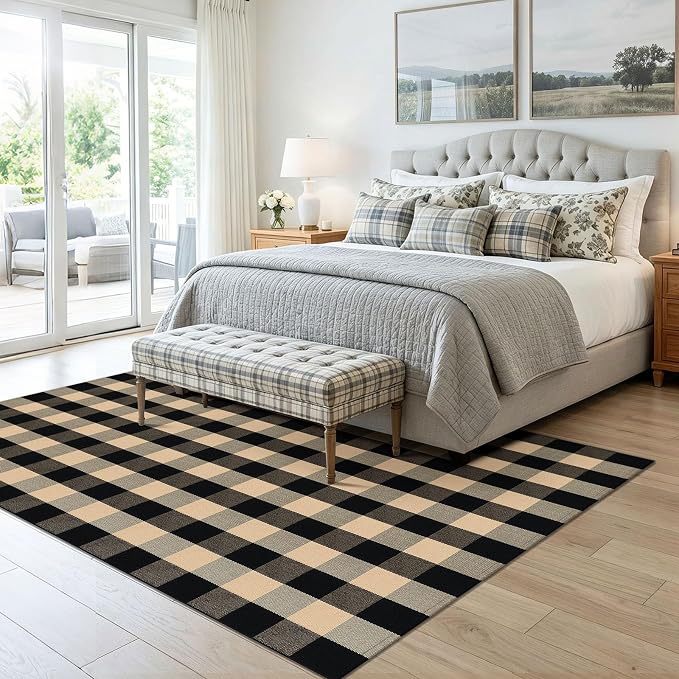 KOZYFLY Buffalo Plaid Area Rug 5x7 Living Room Rug Washable Cotton Brown and Black Checkered Rugs Outdoor Carpet for Dining Room Bedroom Farmhouse Patio Rugs