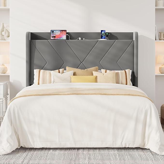 Allewie Full Size Platform Bed Frame with Charging Station and Storage Shelf/Upholstered Velvet Wingback Headboard/Wooden Slats Support/No Box Spring Needed/Easy Assembly, Grey