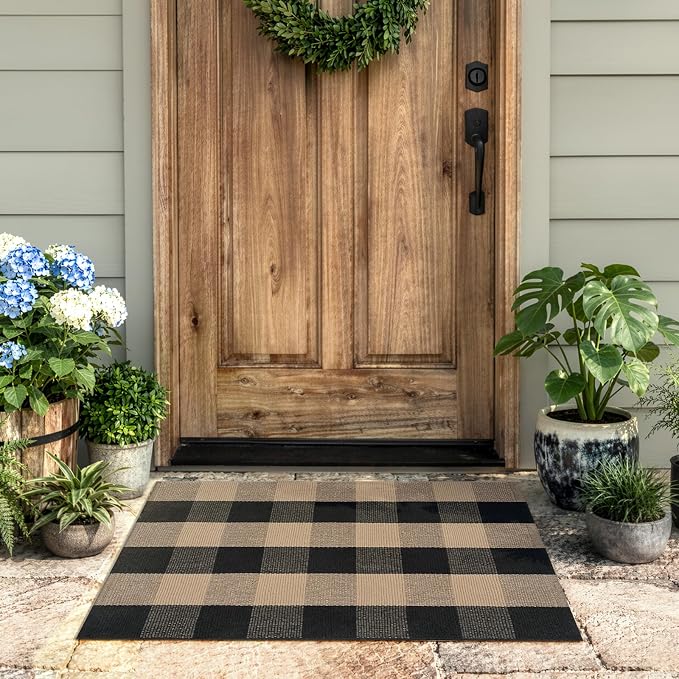 KIMODE Front Door Mat 24"x35",Black and Tan Checkered Small Outdoor Rug,Farmhouse Fall Front Porch Rug Decor,Cotton Woven Washable Layered Doormats for Front Door Outside Entrance Kitchen