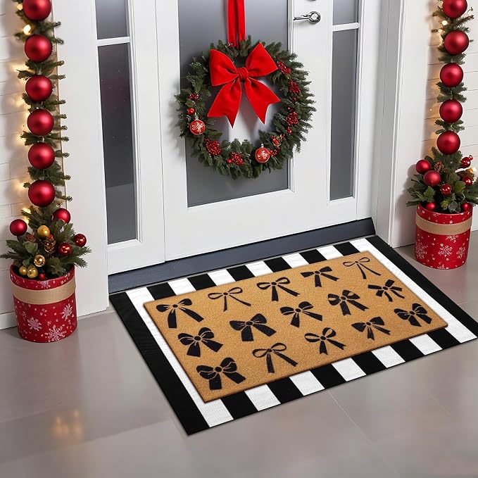 Tinideya 2 Pcs Door Mat Welcome Non Slip Coir Mats Floor Layering Doormats Seasonal for Front Porch Entryway Decor(Christmas Bows)