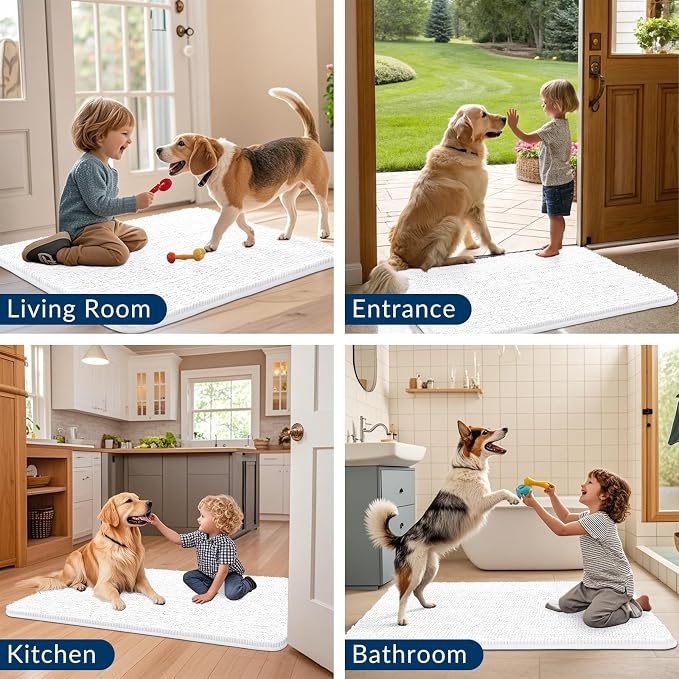 Smiry Dog Door Mat for Muddy Paws 59x32, Absorbent Dirt Trapper, Non-Slip Washable Chenille Entryway Rug for Inside Floor, White, Classic Solid
