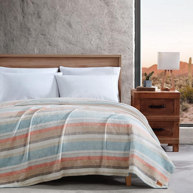 Wrangler - King Size Blanket, Super Soft & Reversible Plush Fleece Bedding, Throw Blanket for Couch or Bed (Glen Canyon Stripe Blue)
