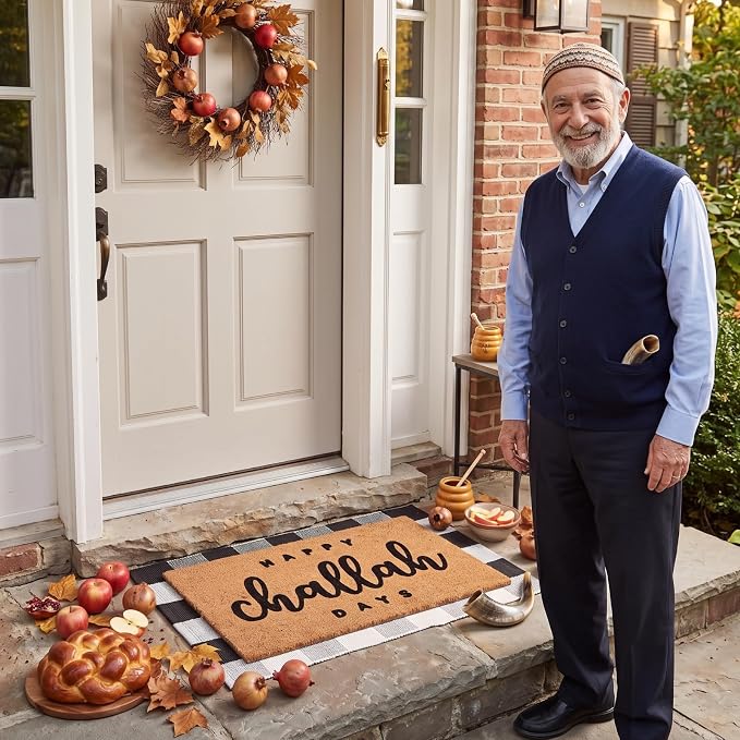 Moucuny 2 Pcs Hanukkah Doormat Set, Happy Challah Days Coir Welcome Mat with Plaid Rug, Outdoor Entryway Rug for Housewarming and Hanukkah Gift Decor, 16x28 & 24x35 Inches