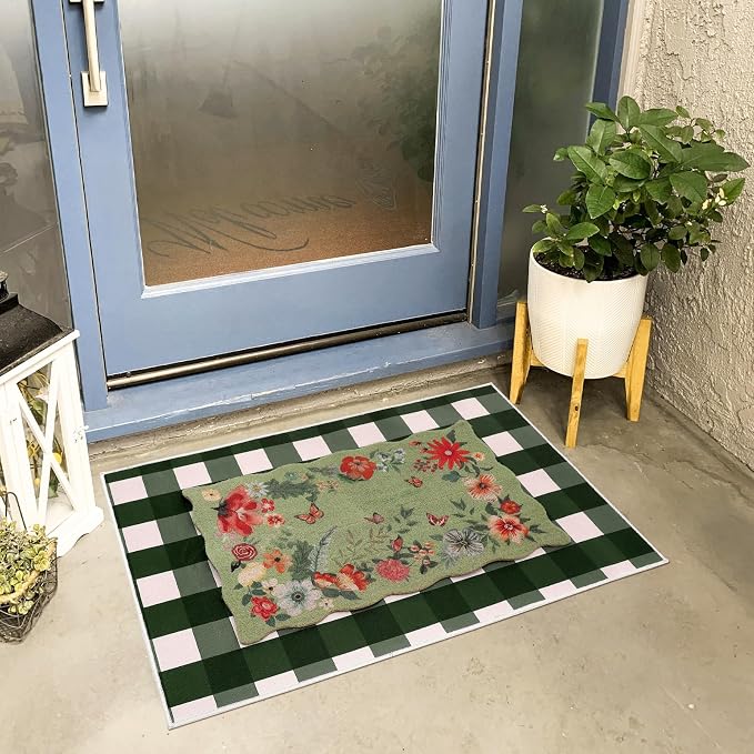 Fourluoo 2 Piece Floral Door Mat Floral Scalloped Coco Coir Doormats Green and White Plaid Welcome Mat 28 x 40 Inch Non Slip Boho Layering Front Door Rug for Indoor Outdoor Entrance Front Porch