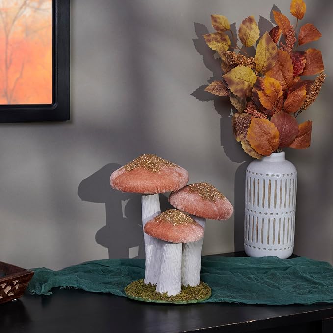 Primitives by Kathy Mushroom Trio Sitter, pink foam mushrooms uniquely detailed/velvet glitter accents/natural foliage detail base/nature themed home accent for seasonal/everyday/garden decor/gfitable