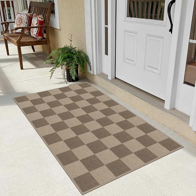 Rugalia Easy Jute Checkered Entryway Rug, 2.6x4 Brown Modern Indoor Outdoor Doormat, Washable Non-Slip Neutral Kitchen Rug Farmhouse Checkerboard Throw Rugs for Entrance Bedroom Bathroom